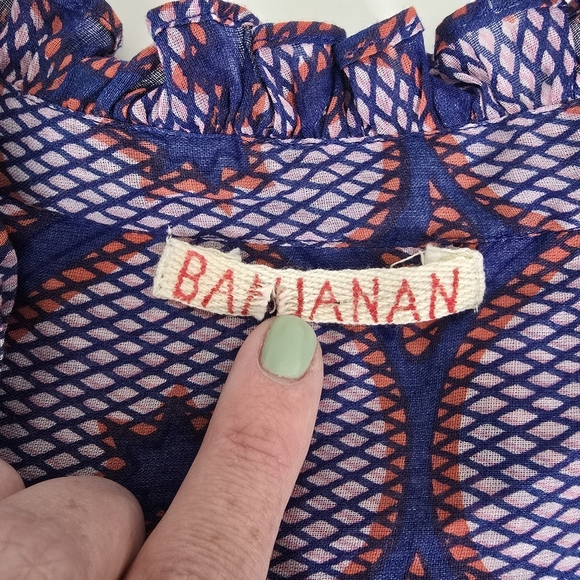 Banjanan Ruidoso Printed V Neck Semi Sheer Blouse Pockets Size S Ruffles - Picture 12 of 14